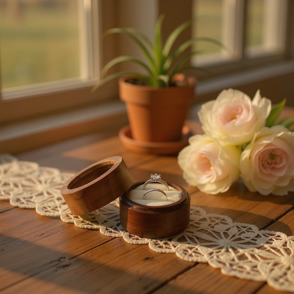 Écrin à bague rond en bois SecretGleam avec intérieur crème, posé sur une table en bois près de fleurs et d'une plante