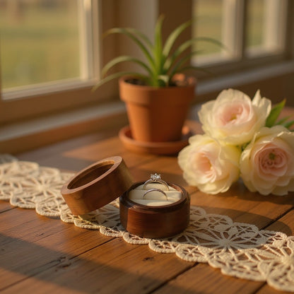 Écrin à bague rond en bois SecretGleam avec intérieur crème, posé sur une table en bois près de fleurs et d'une plante