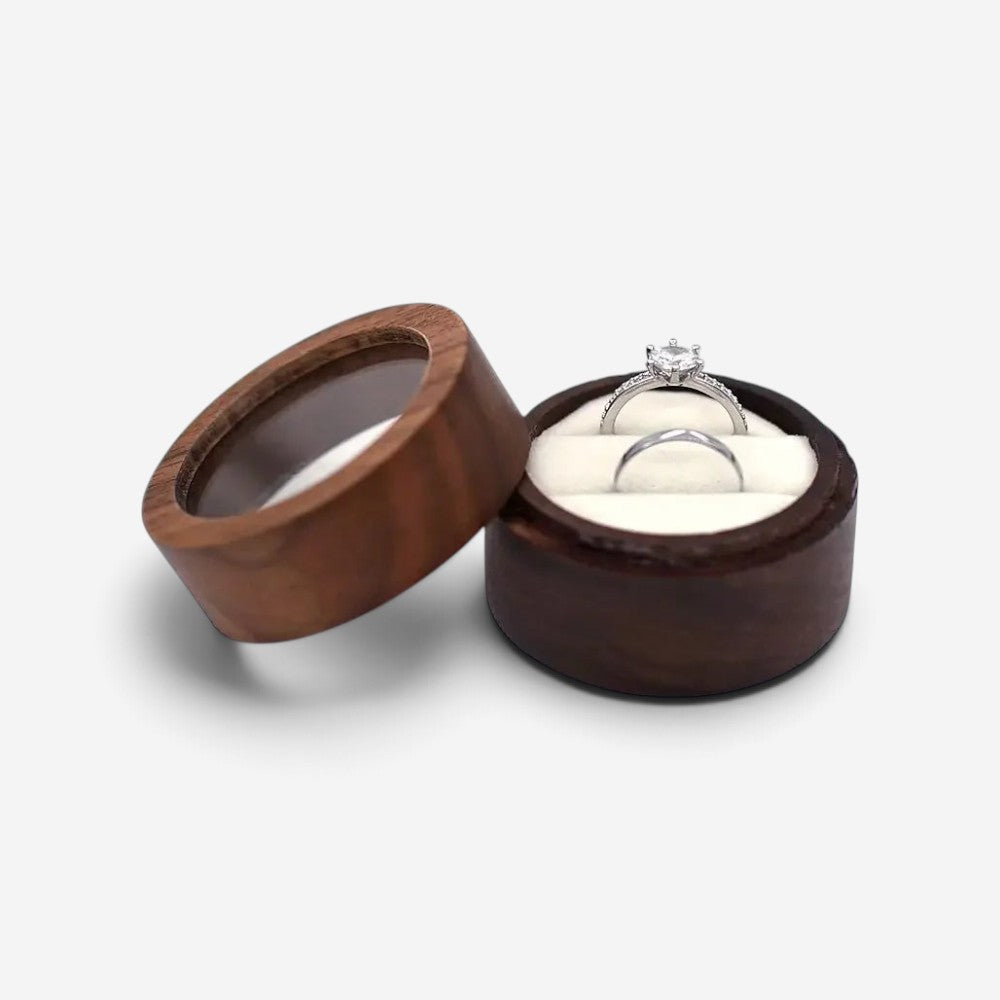 Écrin à bague rond en bois SecretGleam avec couvercle transparent et intérieur blanc pour deux bagues