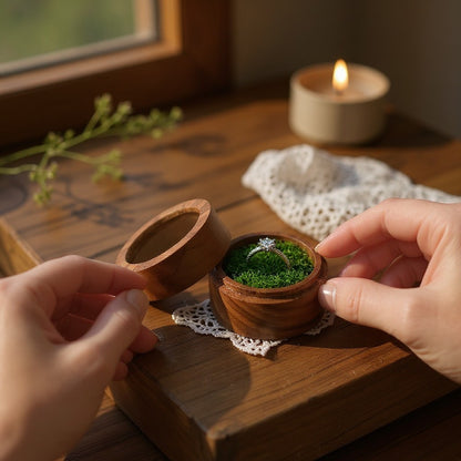 Écrin à bague rond en bois SecretGleam avec intérieur en mousse verte, posé sur une table en bois près d'une bougie