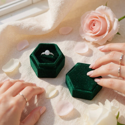 Mini boîte à bijoux hexagonale en velours vert SecretGleam contenant une bague, posée sur un tissu avec des roses