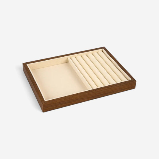 Plateau à bijoux empilable SecretGleam en bois massif avec compartiments en velours beige pour bagues et accessoires
