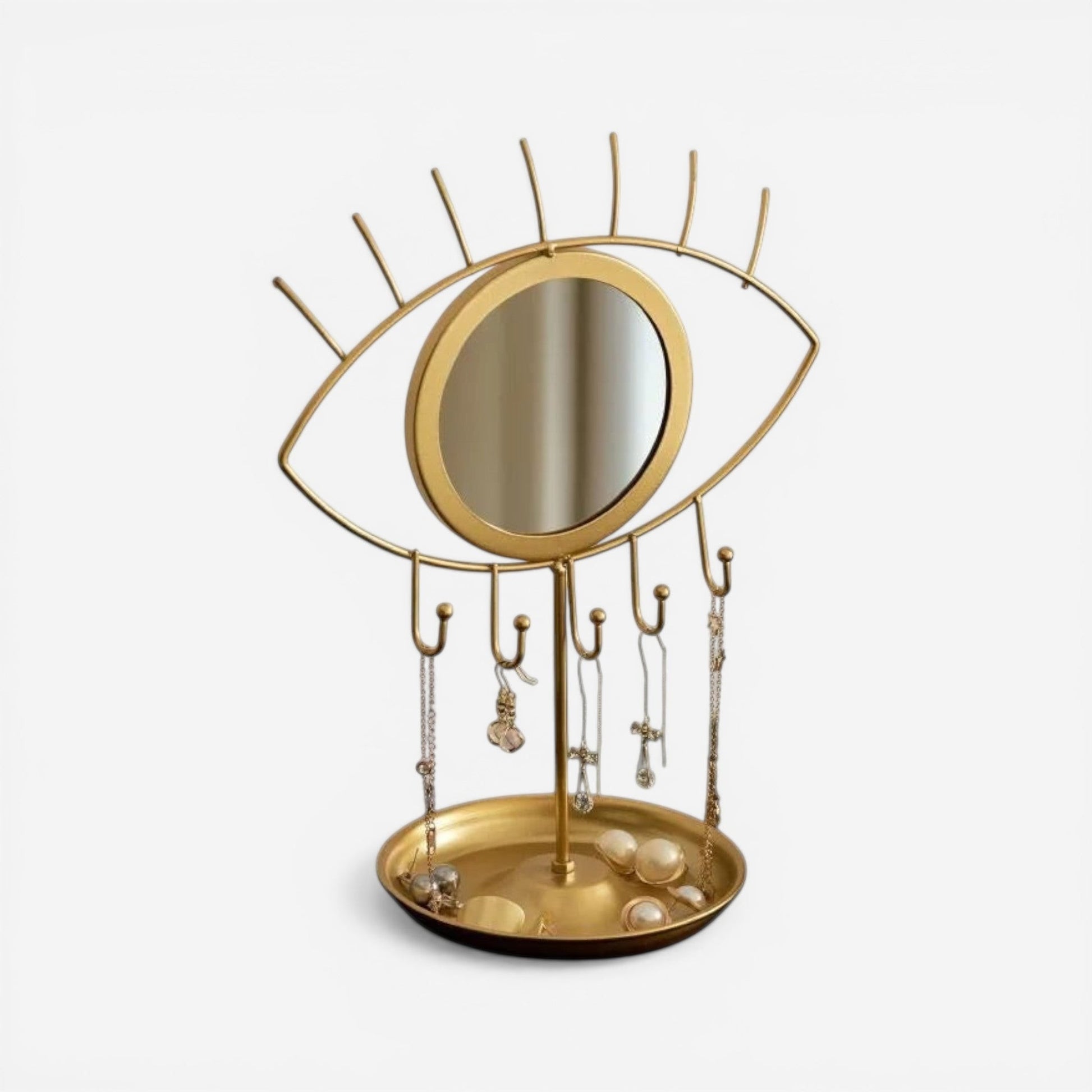 support à bijoux doré avec miroir et base de rangement pour bagues et accessoires